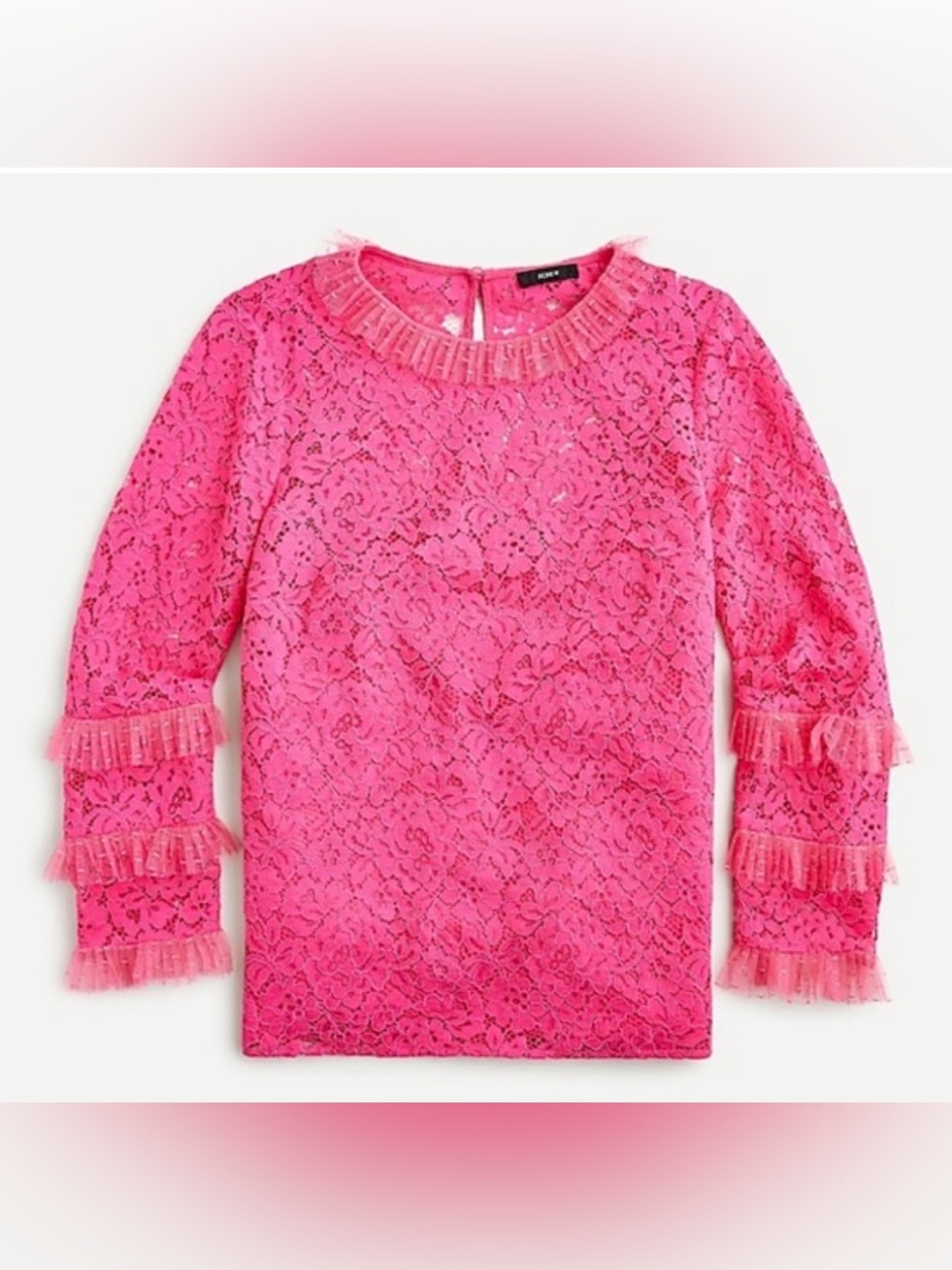 J Crew Bright Pink Lace Long-Sleeve Top with Ruffle Trim